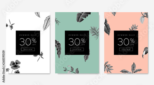 Botanical summer sale banner template design set, black and white foliage on white, green and pink, pastel vintage theme