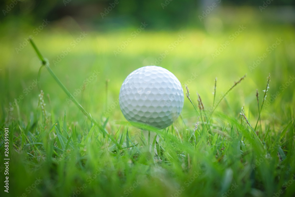 Golf ball on tee in beautiful golf course at sunset background. Golf ball on tee in beautiful golf course at sunset background.