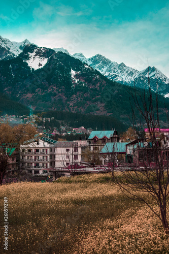 Amazing mountain landscape with colorful vivid cloudy sky, natural outdoor travel background. Beauty world