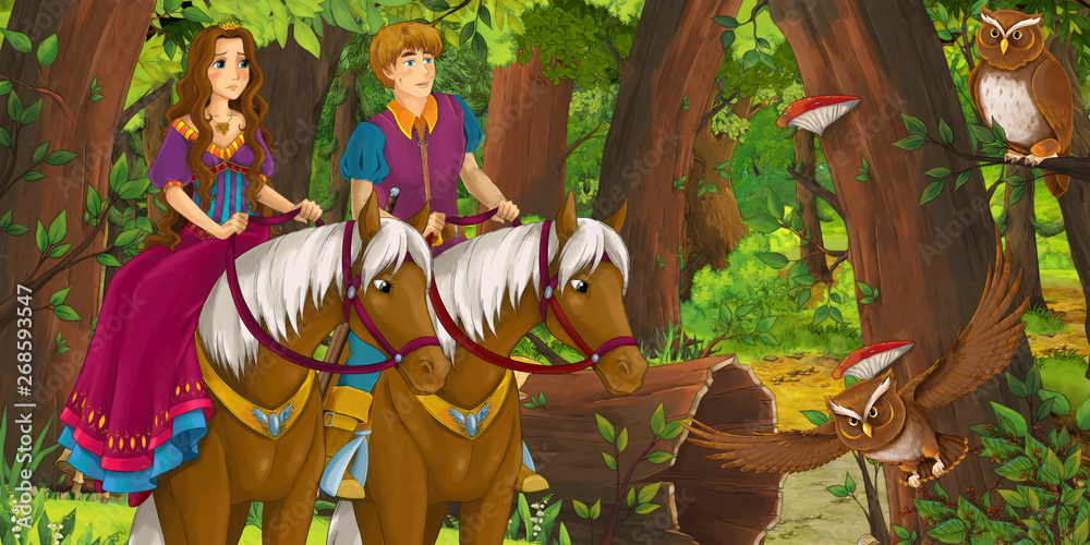 cartoon scene with happy young boy prince and girl princess riding on horse in the forest encountering pair of owls flying - illustration for children