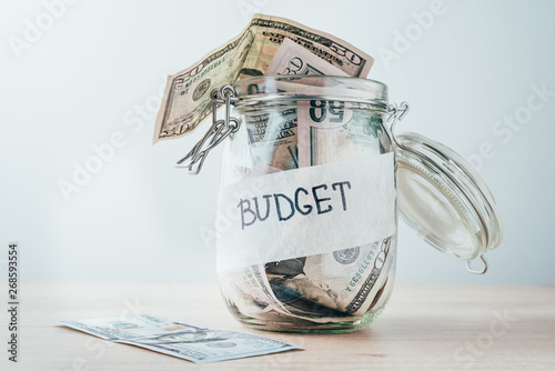 Wealth concept. Glass saving bank with dollar bills and inscription budget on a white background