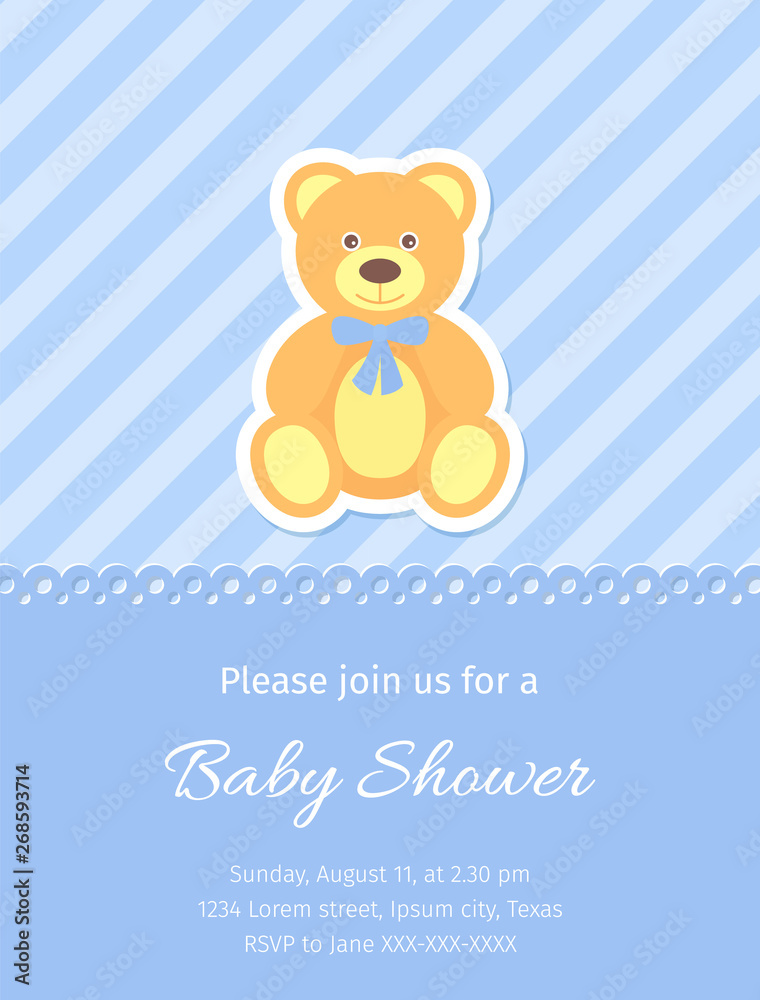 Baby Shower card. Vector. Baby boy invite. Birth party background. Cute blue design. Welcome template invitation banner. Happy greeting holiday poster with teddy bear. Cartoon flat illustration. Baby Shower card. Vector. Baby boy invite. Birth party background. Cute blue design. Welcome template invitation banner. Happy greeting holiday poster with teddy bear. Cartoon flat illustration.