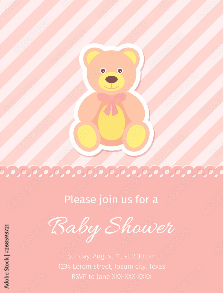 Baby Shower card. Vector. Baby girl invite. Birth party background. Cute pink design. Welcome template invitation banner. Happy greeting holiday poster with teddy bear. Cartoon flat illustration.