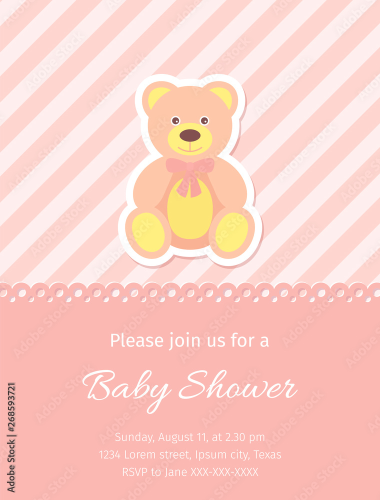 Baby Shower card. Vector. Baby girl invite. Birth party background. Cute pink design. Welcome template invitation banner. Happy greeting holiday poster with teddy bear. Cartoon flat illustration. Baby Shower card. Vector. Baby girl invite. Birth party background. Cute pink design. Welcome template invitation banner. Happy greeting holiday poster with teddy bear. Cartoon flat illustration.