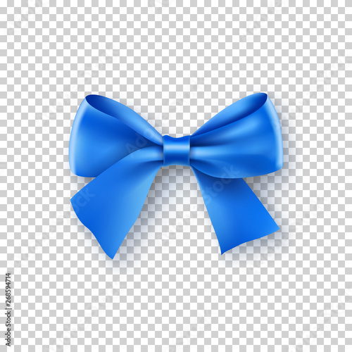 Fashionable blue bow with ribbon. Silk accessory for female clothes. Design element with shadow isolated on transparent background. Realistic decoration for holiday. Elegant vector object from silk