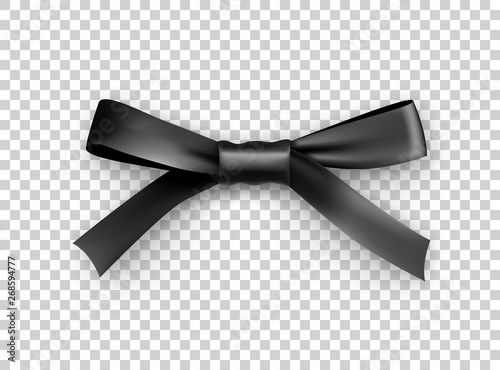 Decorative black bow with ribbon. Elegant silk accessory for female penitentials. Mourning design element isolated on transparent background. Realistic elegant object from silk vector illustration.