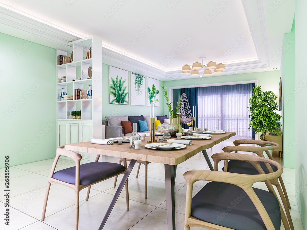 In the dining room area of the living room, the tableware has been placed In the dining room area of the living room, the tableware has been placed
