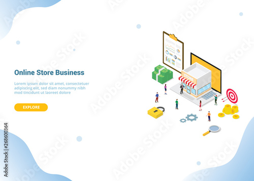 online store concept with team people men woman with stores building on the smartphone for website template banner or landing homepage - vector