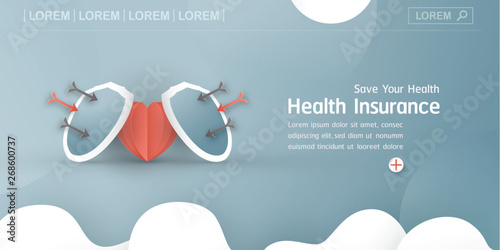 Vector illustration in concept of health insurance. Template element design is on pastel blue background for cover, web banner, poster, slide presentation. Art Craft for kid in 3D paper cut style.