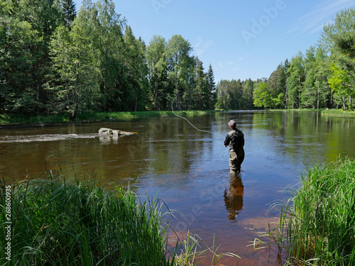 Flyfisherman casting in a salmon river at spring