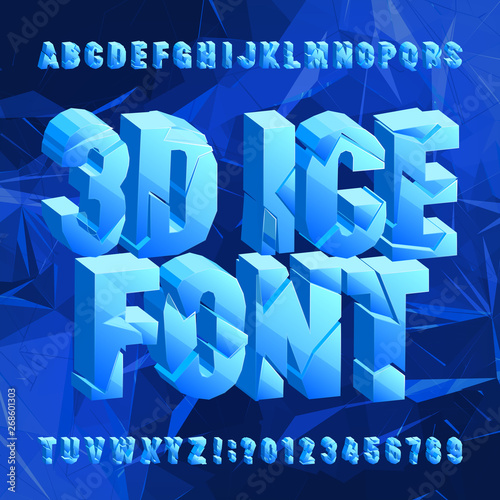 3D Ice alphabet font. Broken frozen letters and numbers on blue polygonal background. Stock vector typescript for your typography design.