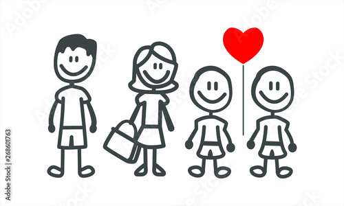 Set of happy cartoon doodle figure family, stick man. Stickman Illustration Featuring a Mother and Father and Kids. Vector Illustration, set of family in stick figures. Hand Drawn