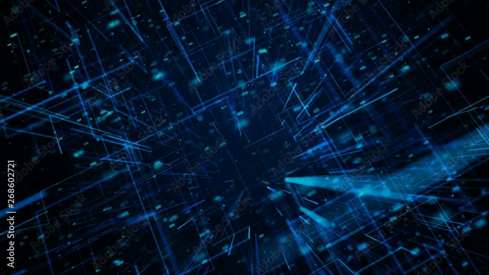 Fly through abstract 3D rendering of a scientific technology data binary code network conveying connectivity, complexity and data flood of modern digital age