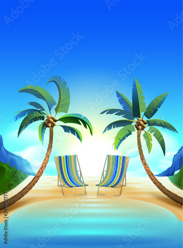 Two sun loungers and two palm trees on tropical beach