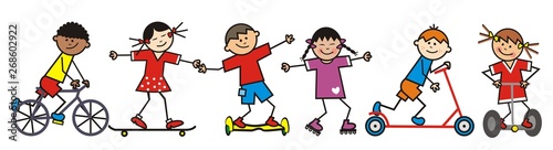 Happy kids as riders of different means transport