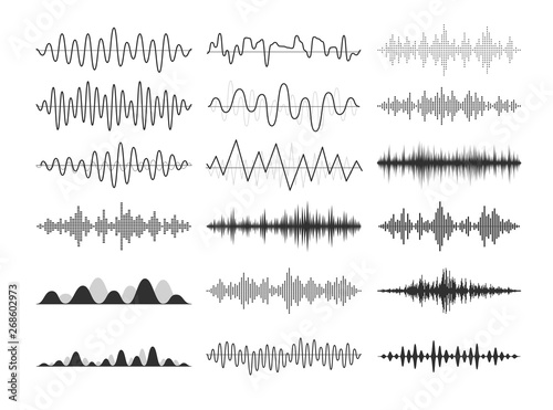 Black musical sound waves. Audio frequencies, musical impulses, electronic radio signals, radio wave curves. photo