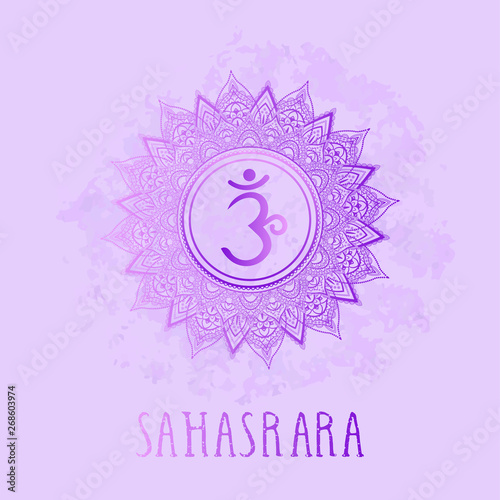 Vector illustration with symbol chakra Sahasrara on watercolor background.