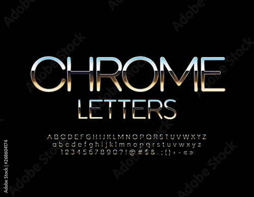 Vector Chrome Letters, Numbers and Symbols. Thin elegant Alphabet. Metallic reflective Font 
