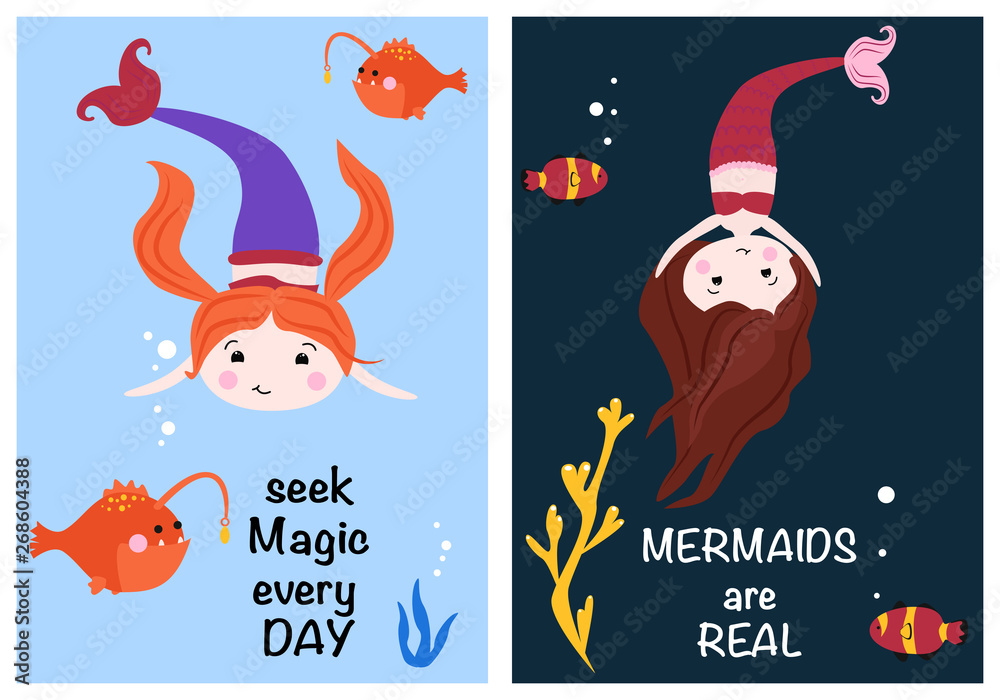 cute cards with mermaids part 1 - vector illustration, eps
