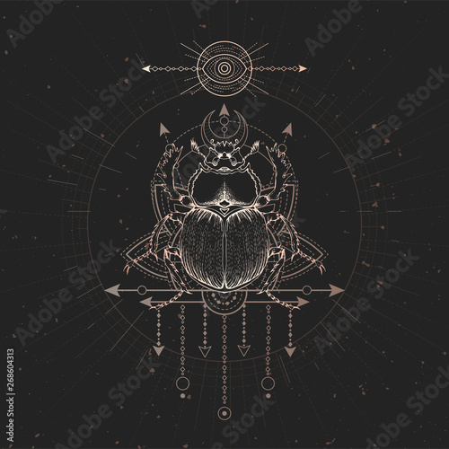 Vector illustration with hand drawn Scarab and Sacred geometric symbol on black vintage background. Abstract mystic sign.