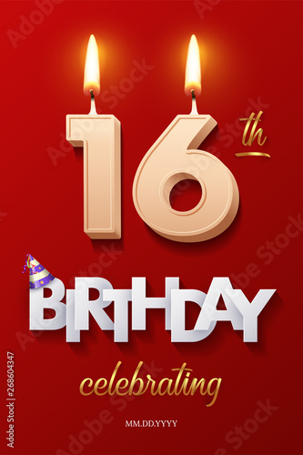 Burning Birthday candles in the form of number 16 figure and Happy Birthday celebrating text with party cane isolated on red background. Vector sixteenth Birthday invitation template.