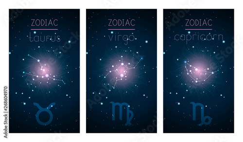 Set of three cards with Signs of the Zodiac, astrological constellations and abstract geometric symbol against the starry sky. Collection of the Earth elements: taurus, virgo, capricorn. Vector.