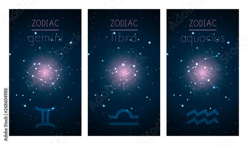 Set of three cards with Signs of the Zodiac, astrological constellations and abstract geometric symbol against the starry sky. Collection of the Air elements: gemini, libra, aquarius. Vector.