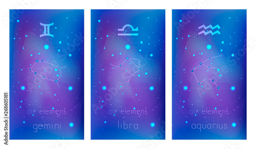 Set of three banners with Signs of the Zodiac, astrological constellations and geometric symbol against abstract background with stars. Collection of the Air elements: gemini, libra, aquarius. Vector.