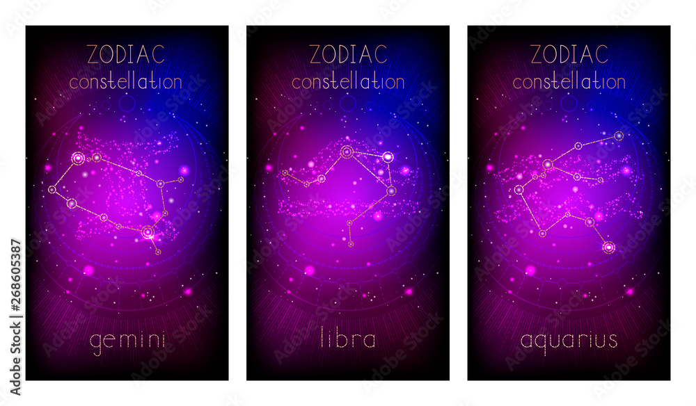 Set of three banners with Signs of the Zodiac, astrological constellations and abstract geometric symbol against the starry sky. Collection of the Air elements: gemini, libra, aquarius. Vector.