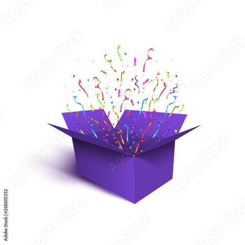 Purple gift box with colored ribbons, serpentine and confetti isolated on white background. Vector design element.