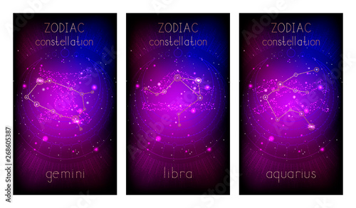 Set of three banners with Signs of the Zodiac, astrological constellations and abstract geometric symbol against the starry sky. Collection of the Air elements: gemini, libra, aquarius. Vector.