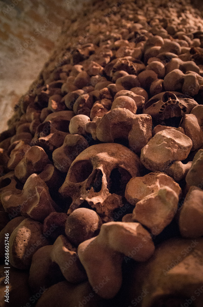 Obraz premium Ossuary - decoration made of human bones and skulls in Church of St. James, Brno, Czech Republic