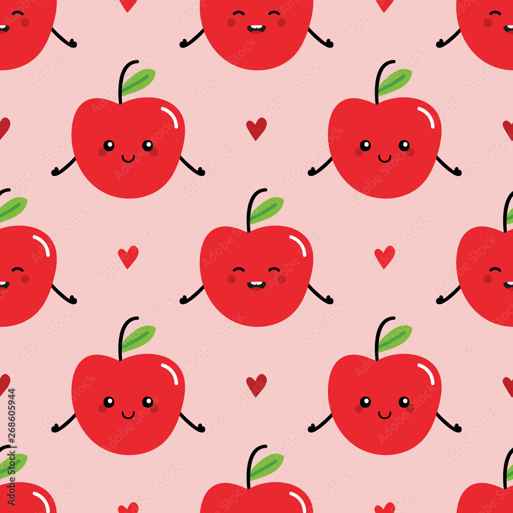 Cute smiling cartoon style apple characters and hearts vector seamless pattern background. Cute smiling cartoon style apple characters and hearts vector seamless pattern background.