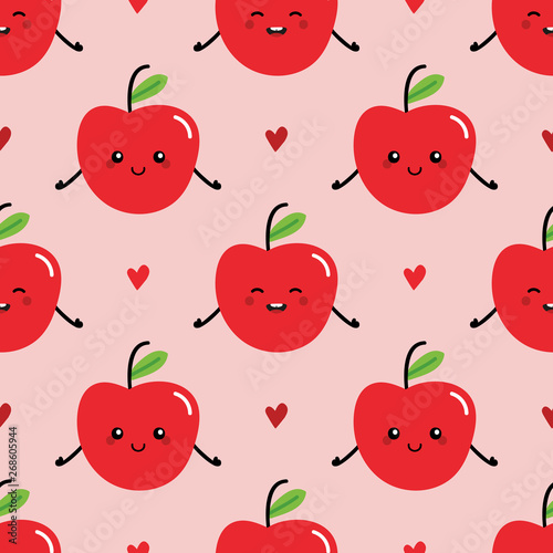 Cute smiling cartoon style apple characters and hearts vector seamless pattern background.