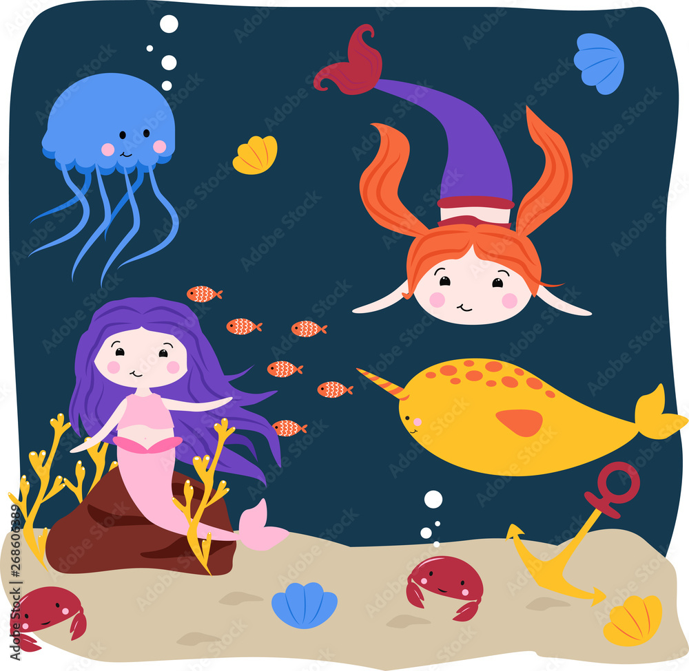 poster with mermaids jellyfish and swordfish - vector illustration, eps