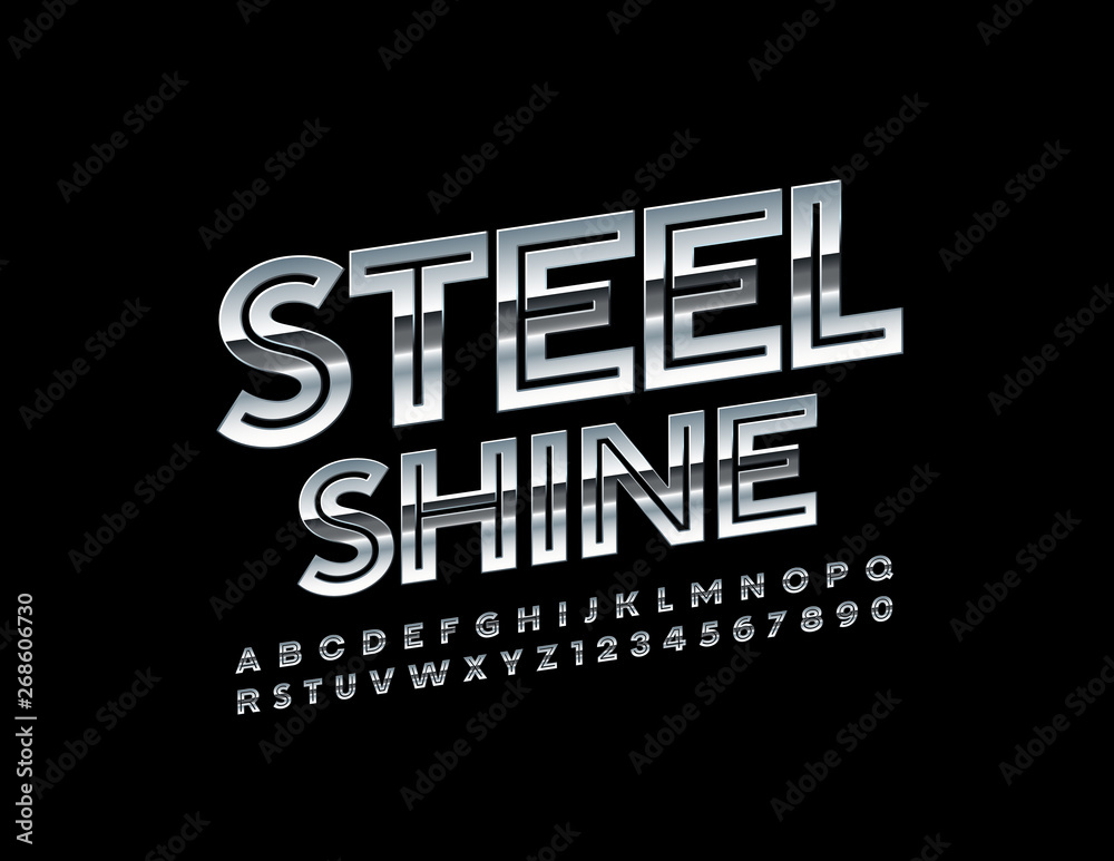 Fototapeta premium Vector metallic Uppercase Alphabet Letters and Numbers. Steel Shine Font 