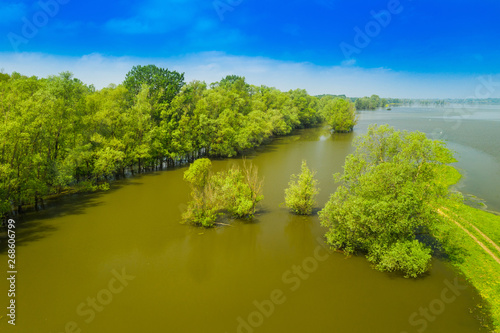 Beautiful landscape in nature park Lonjsko polje  Croatia  from air  panoramic view  flooded field in spring