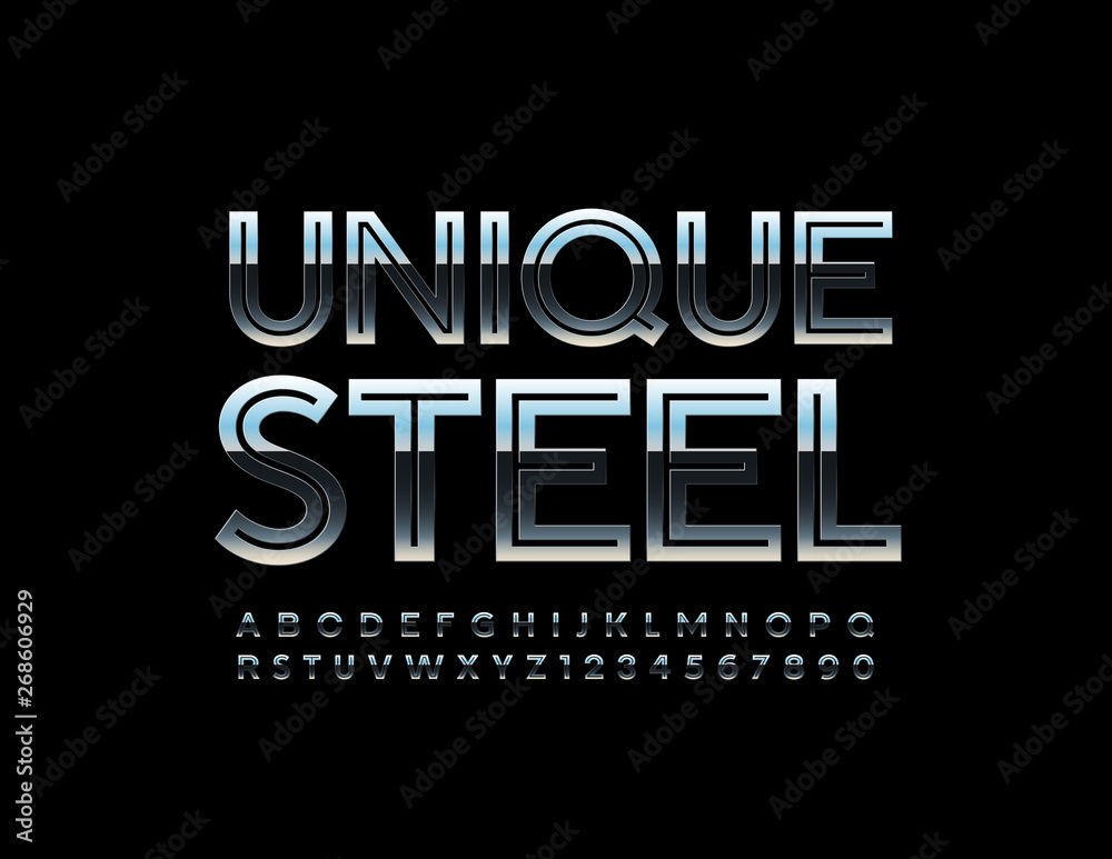 Obraz premium Vector Unique Steel Uppercase Font. Reflective metallic Alphabet Letters and Numbers 