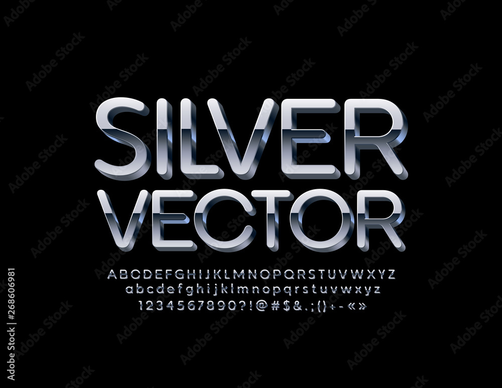 Vector Silver Alphabet Letters and Numbers. Metal reflective 3D Font