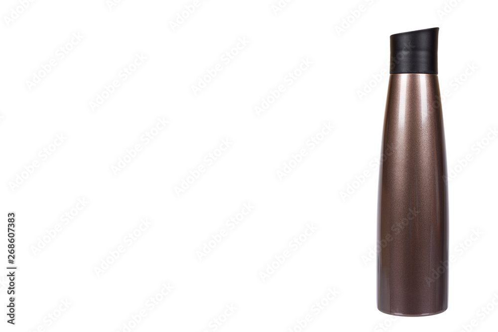 Brown metal thermos, travel mug for hot drinks. . copy space template Brown metal thermos, travel mug for hot drinks. . copy space template