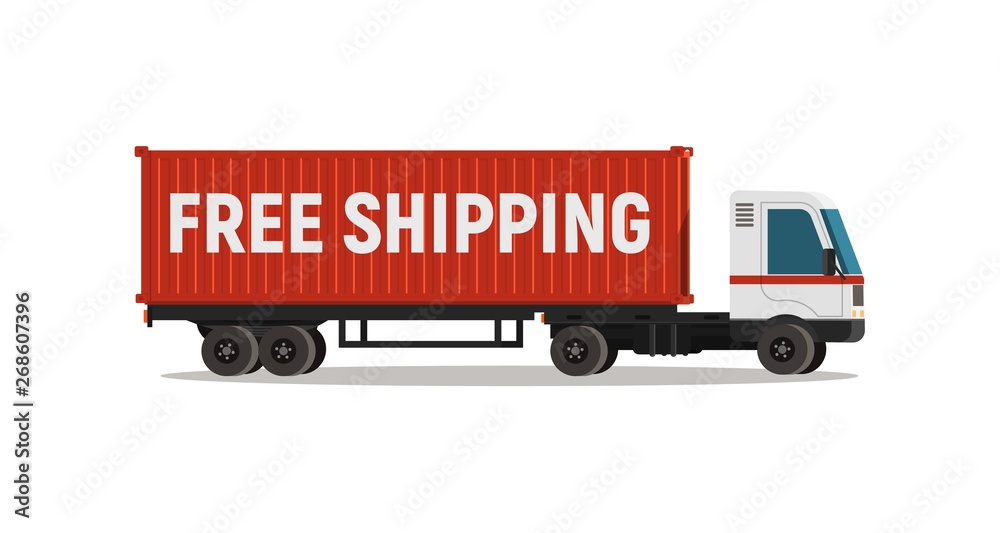 Cartoon truck with shipping container isolated vector object. Free shipping delivery service Cartoon truck with shipping container isolated vector object. Free shipping delivery service