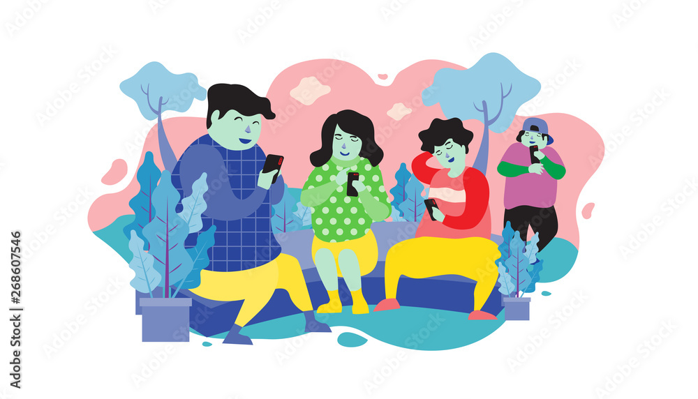 A Group of Peoples Addicted to use Mobile Phone in the Park, Vector Illustration In Isolated White Background, suitable for landing page, ui, web banners, mobile apps, print, news editorial, flyer, an