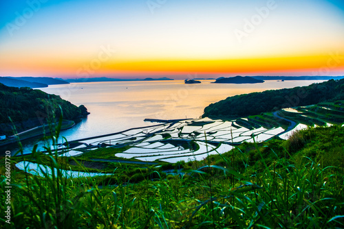 Doya Tanada, sunset on the rice field, kyushu, japan