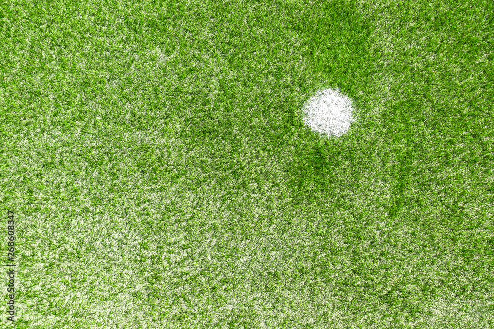 Green synthetic artificial grass soccer sports field with white penalty mark