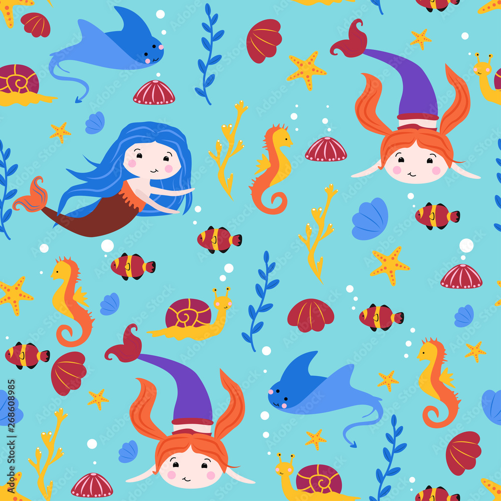 Fototapeta premium seamless pattern with mermaids and stingray - vector illustration, eps