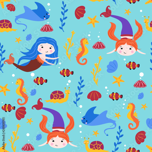 seamless pattern with mermaids and stingray - vector illustration  eps