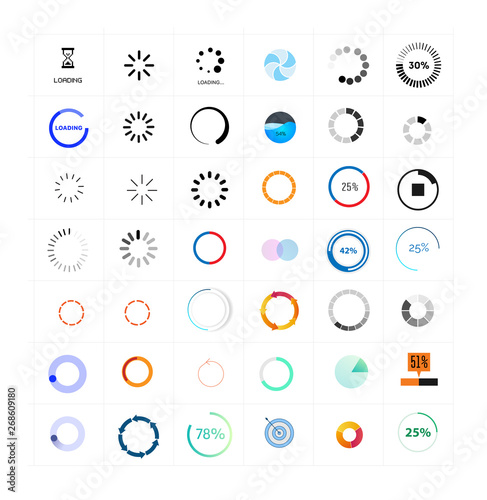 Preloaders and progress bar. Web preloader. Round progress bar. Set of loading elements. Collection of modern loading bars and buffering icon set isolated on white background. Vector set of preloaders