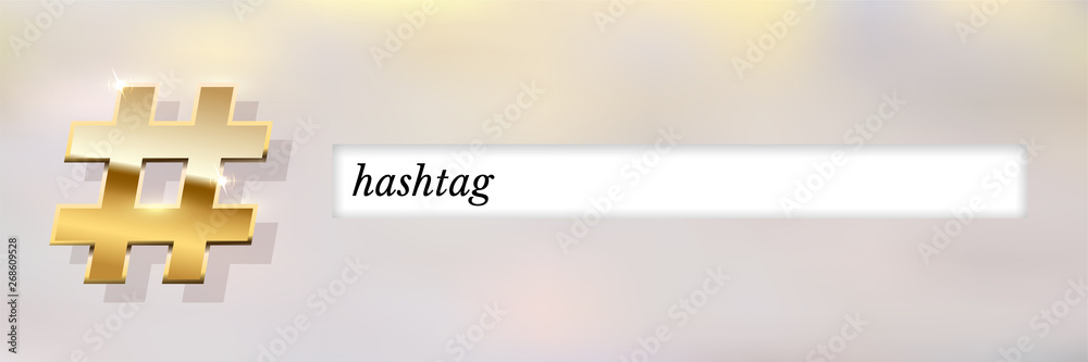 Obraz premium Hashtag realistic golden 3D symbol on blurred background