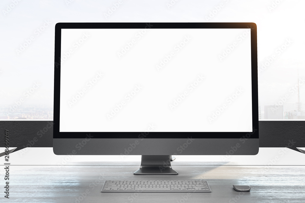 Designer desktop with empty white computer Designer desktop with empty white computer