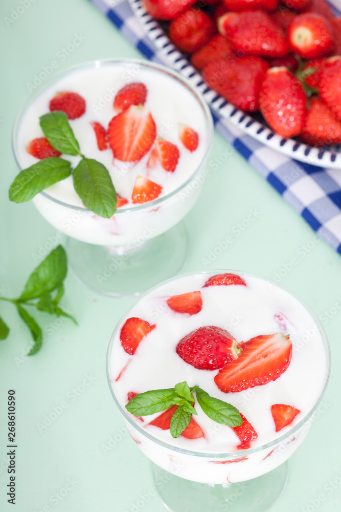 Strawberry yogurt with fresh strawberries in glass bowls. Healthy food for breakfast. Strawberry yogurt with fresh strawberries in glass bowls. Healthy food for breakfast.